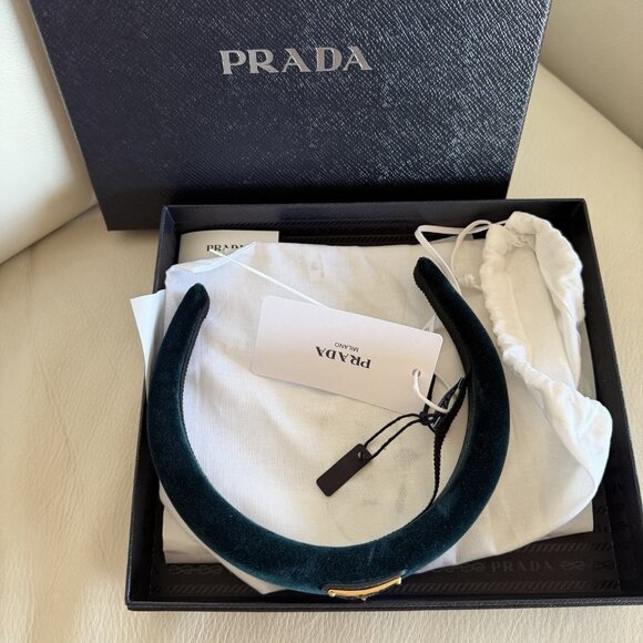 NWT PRADA TEAL Velvet Hairband Headband 100% Authentic W/Box Dark Green